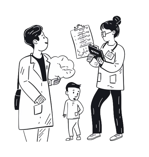 Doctors discussing care with a child